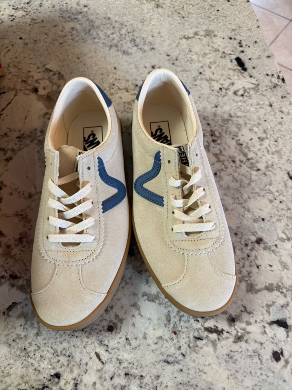 Vans Cream Suede Low-Top Sneakers with Blue Side Stripe